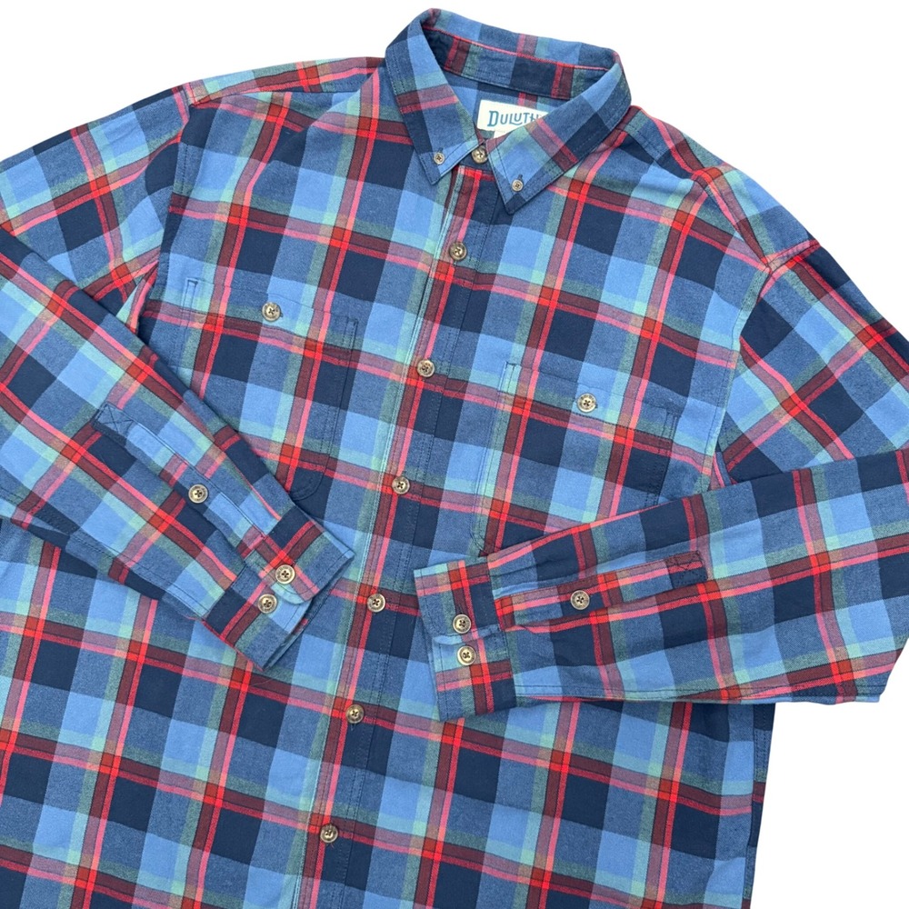 Duluth Trading Free Swingin Flannel Mens L Tall Blue Red Plaid Relaxed Fit 52007